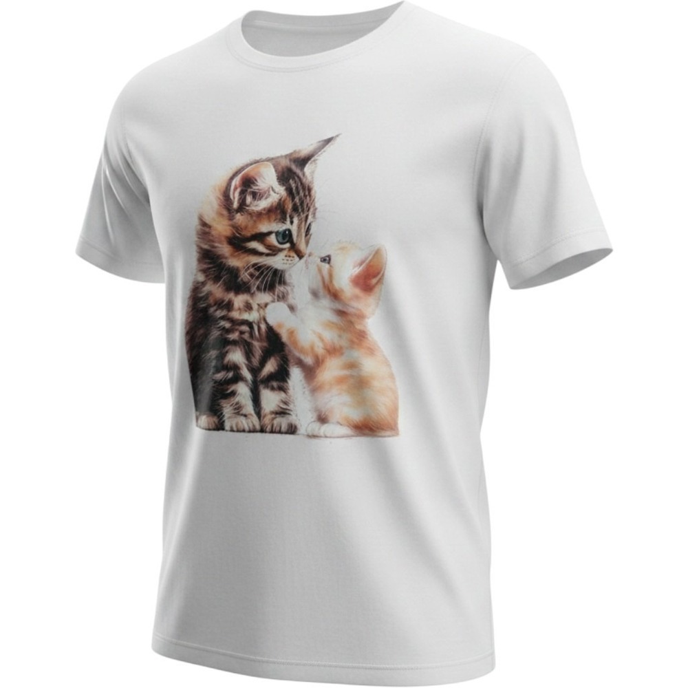 Womens White Kitten Graphic Crew Neck T-Shirt,Short Sleeve Polyester Size Medium